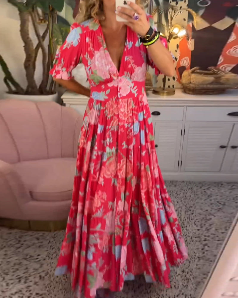 Vestido con bolsillo y cuello en V estampado de flores