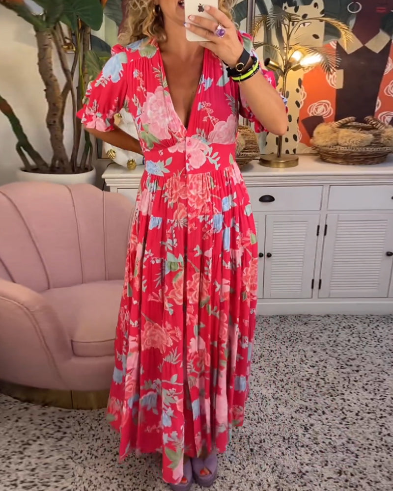 Vestido con bolsillo y cuello en V estampado de flores