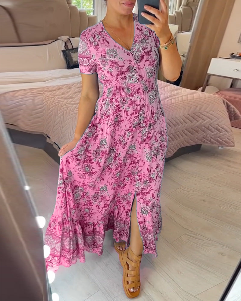 Vestido con cuello en V y estampado floral