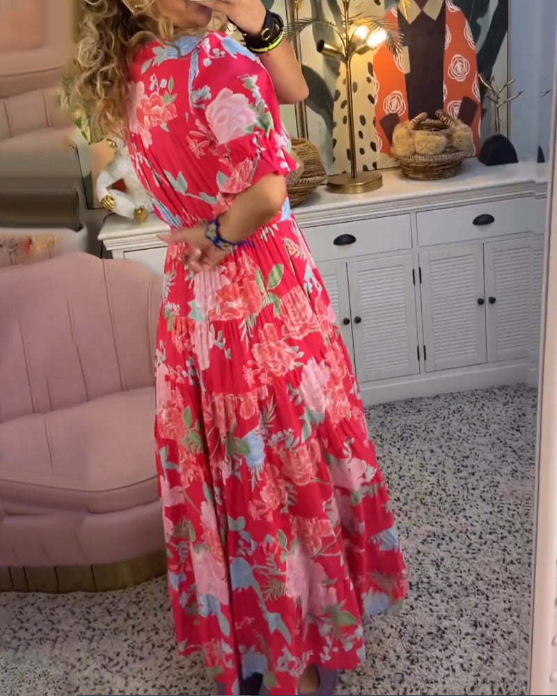 Vestido con bolsillo y cuello en V estampado de flores