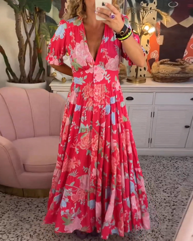 Vestido con bolsillo y cuello en V estampado de flores