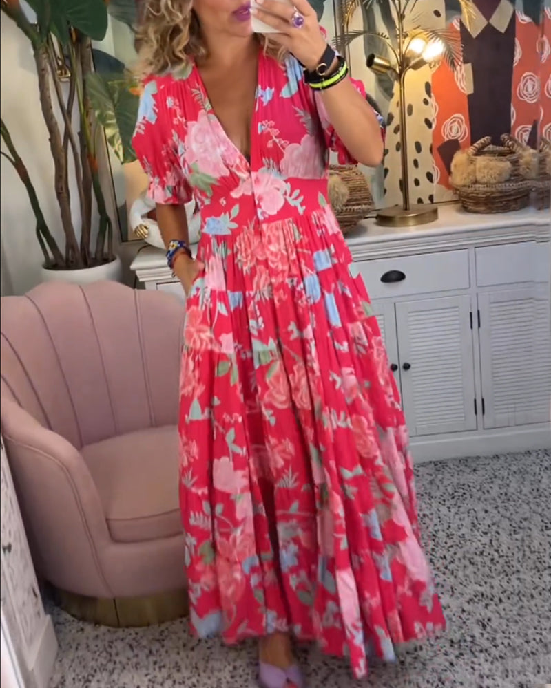 Vestido con bolsillo y cuello en V estampado de flores